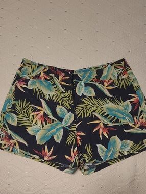 Catalina Tropical Print Women’s Shorts - Navy with Teal & Coral Leaves Size L